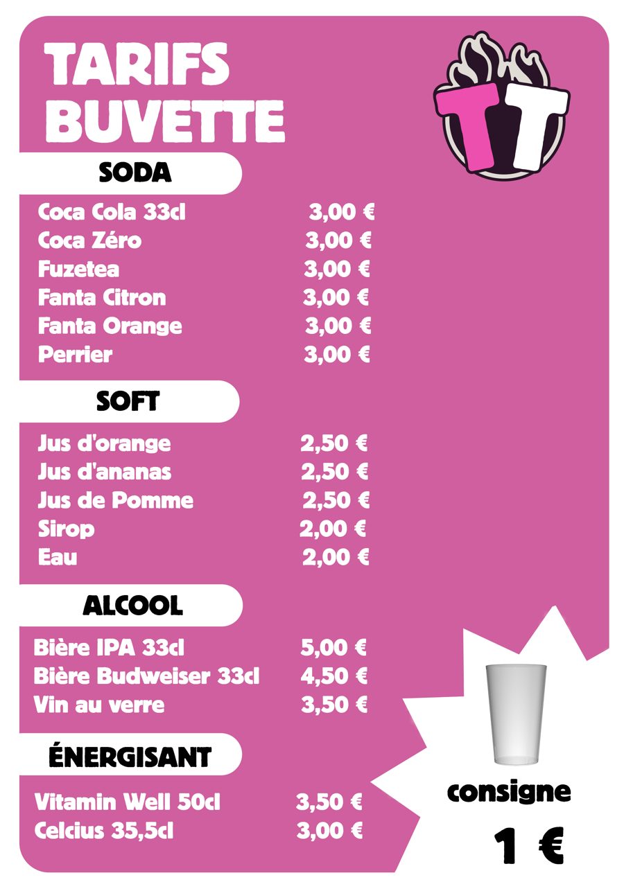 Tarifs buvette, boissons